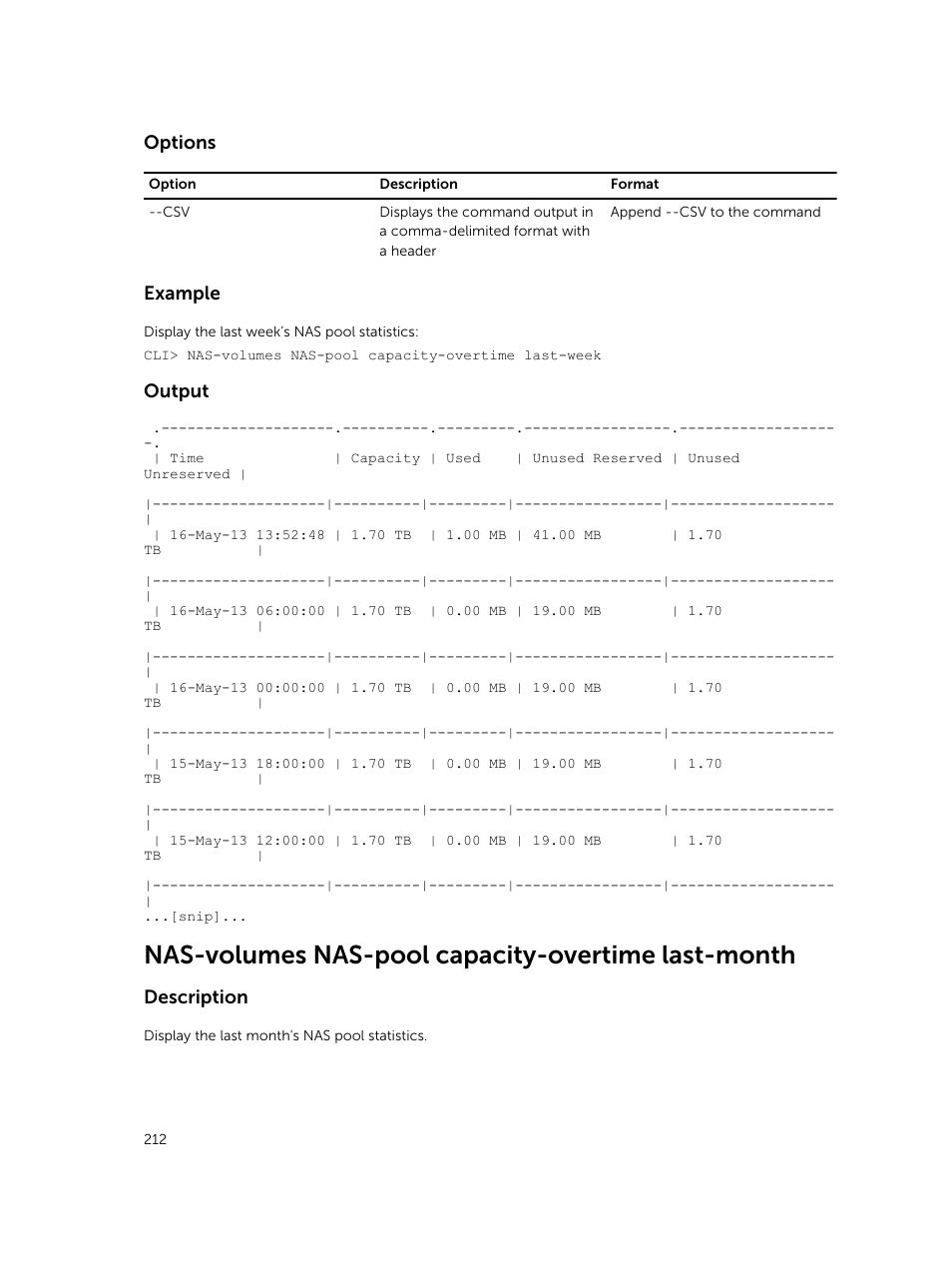Nas-volumes nas-pool capacity-overtime last-month, Options, Example | Output, Description | Dell PowerVault NX3600 User Manual | Page 212 / 245