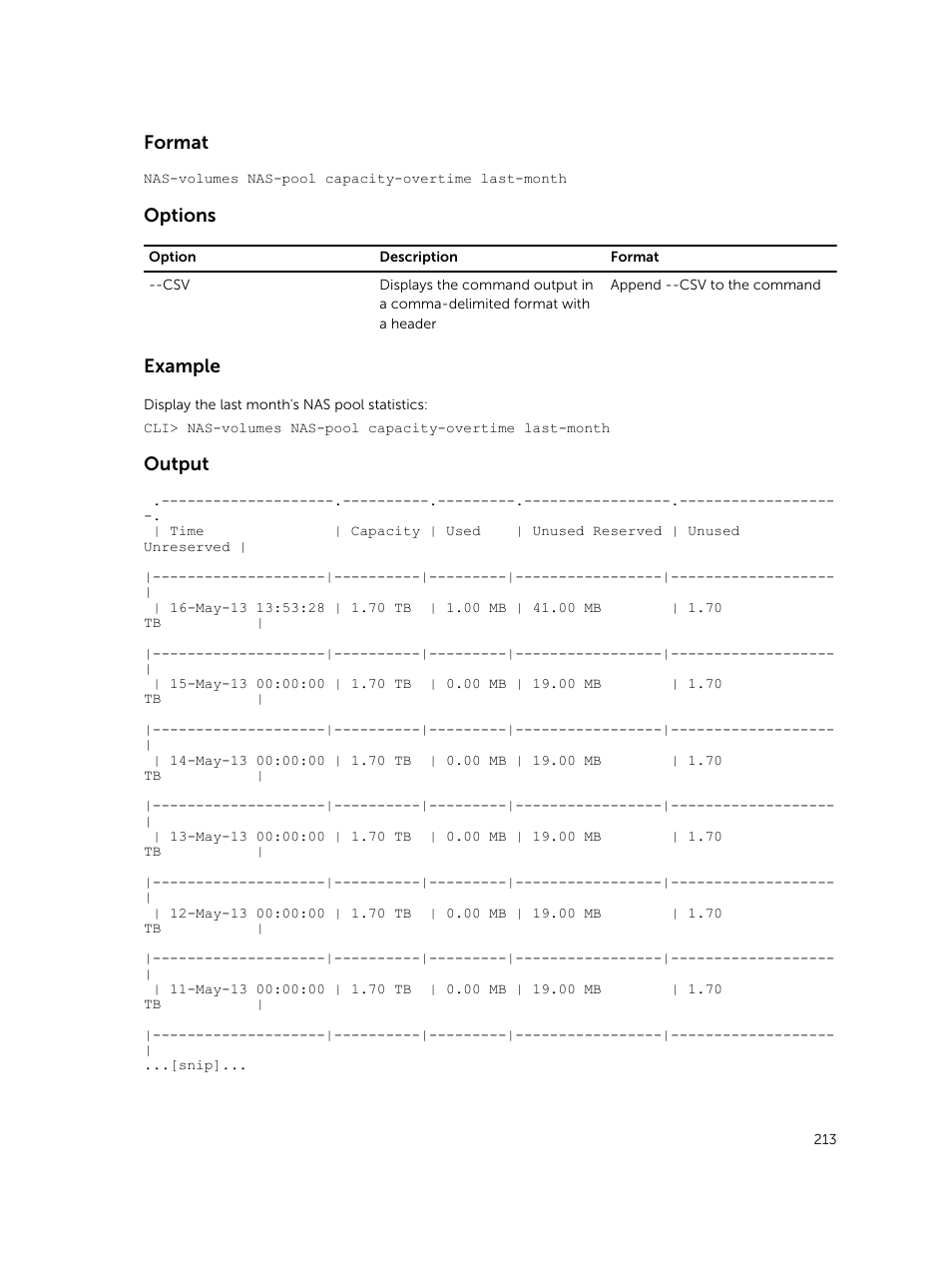 Format, Options, Example | Output | Dell PowerVault NX3600 User Manual | Page 213 / 245