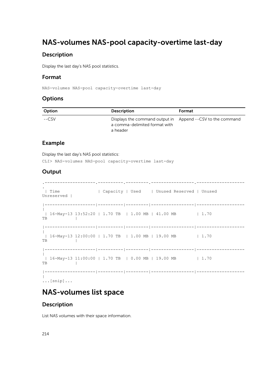 Nas-volumes nas-pool capacity-overtime last-day, Nas-volumes list space, Description | Format, Options, Example, Output | Dell PowerVault NX3600 User Manual | Page 214 / 245