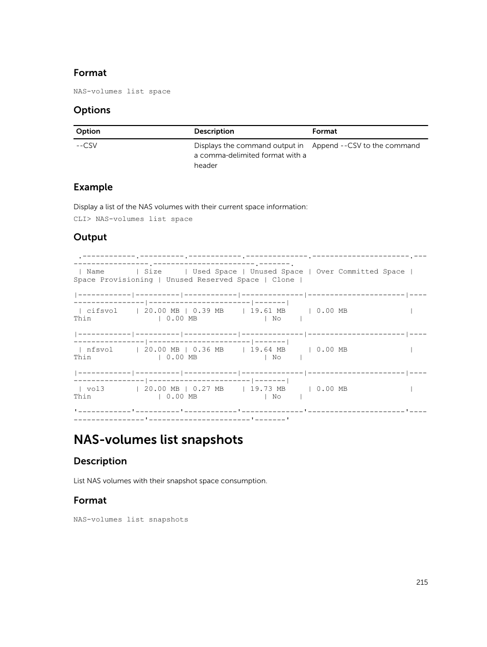 Nas-volumes list snapshots, Format, Options | Example, Output, Description | Dell PowerVault NX3600 User Manual | Page 215 / 245