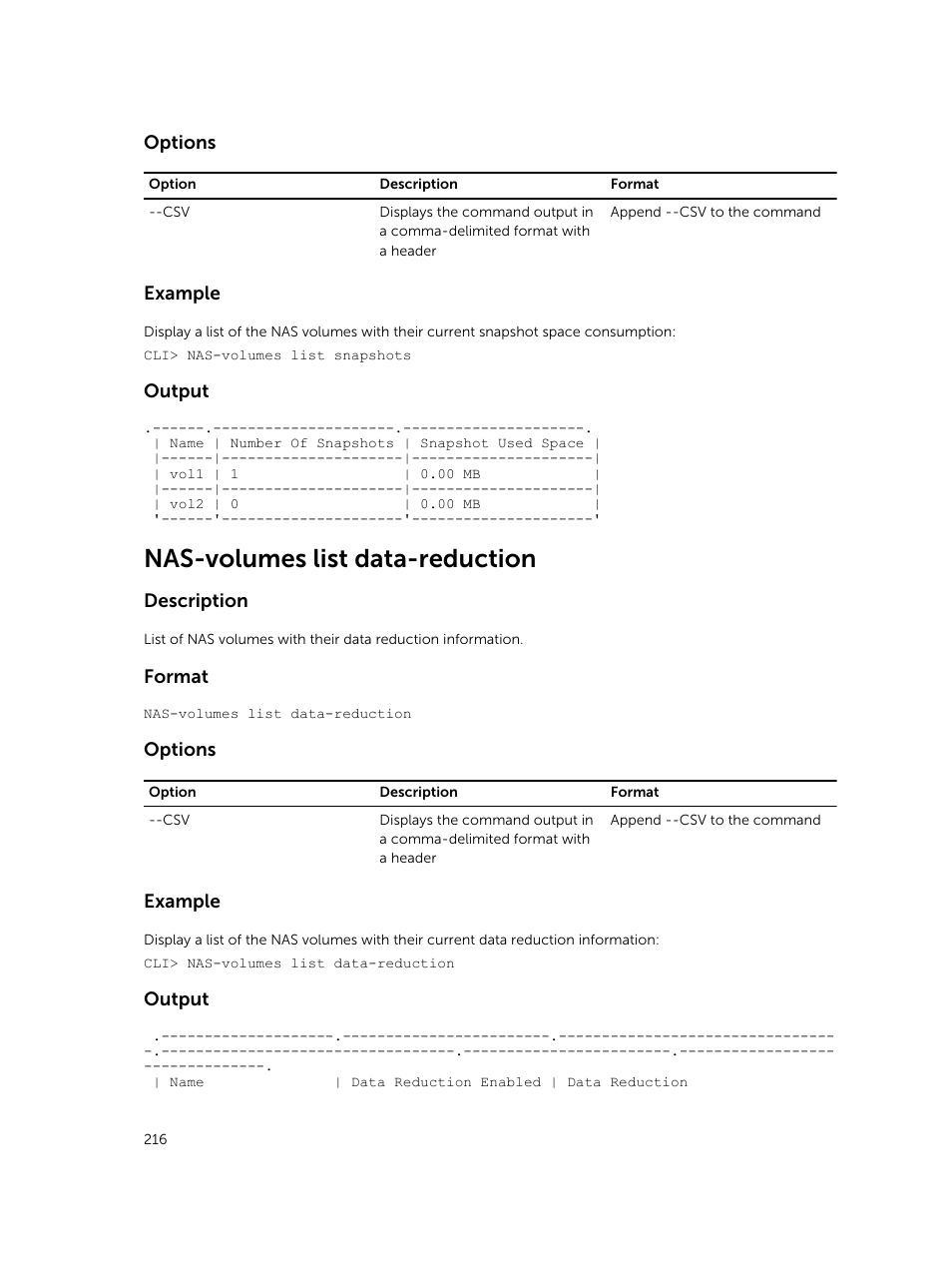 Nas-volumes list data-reduction, Options, Example | Output, Description, Format | Dell PowerVault NX3600 User Manual | Page 216 / 245