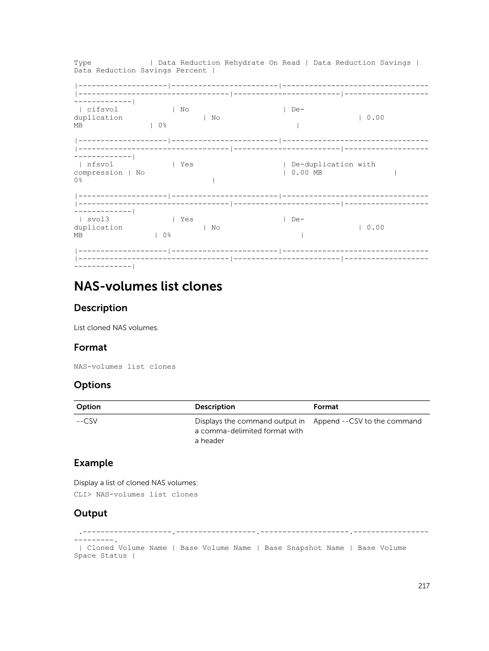 Nas-volumes list clones, Description, Format | Options, Example, Output | Dell PowerVault NX3600 User Manual | Page 217 / 245