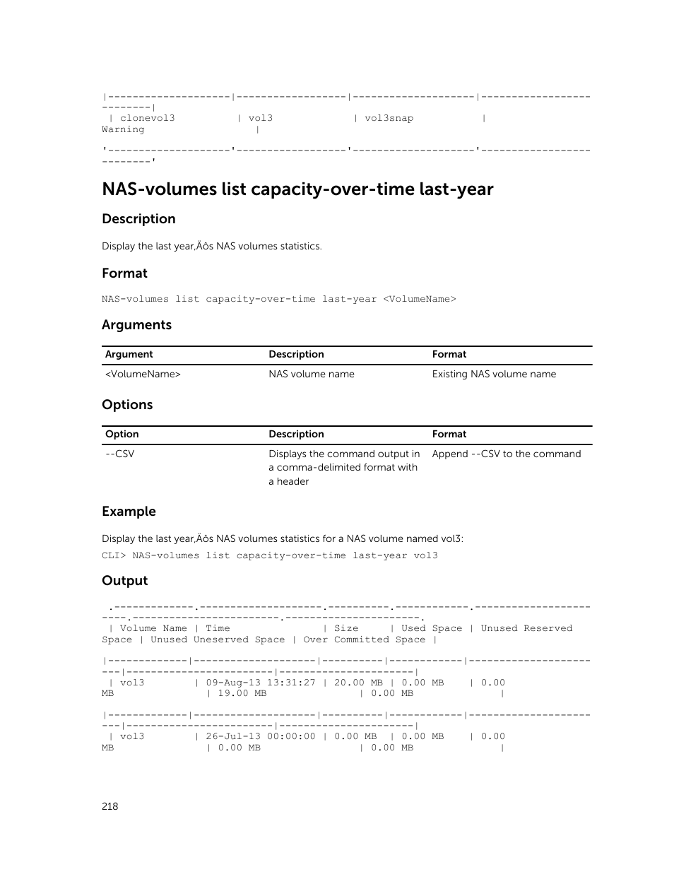 Nas-volumes list capacity-over-time last-year, Description, Format | Arguments, Options, Example, Output | Dell PowerVault NX3600 User Manual | Page 218 / 245