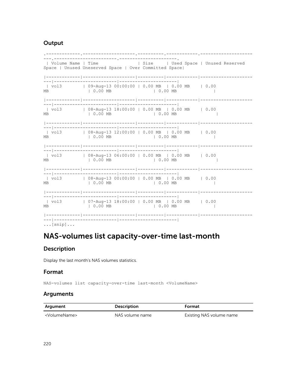 Nas-volumes list capacity-over-time last-month, Output, Description | Format, Arguments | Dell PowerVault NX3600 User Manual | Page 220 / 245