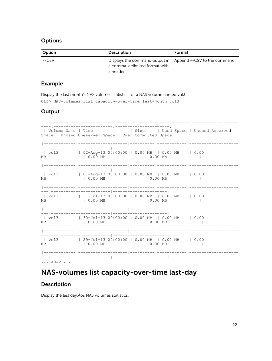 Nas-volumes list capacity-over-time last-day, Options, Example | Output, Description | Dell PowerVault NX3600 User Manual | Page 221 / 245
