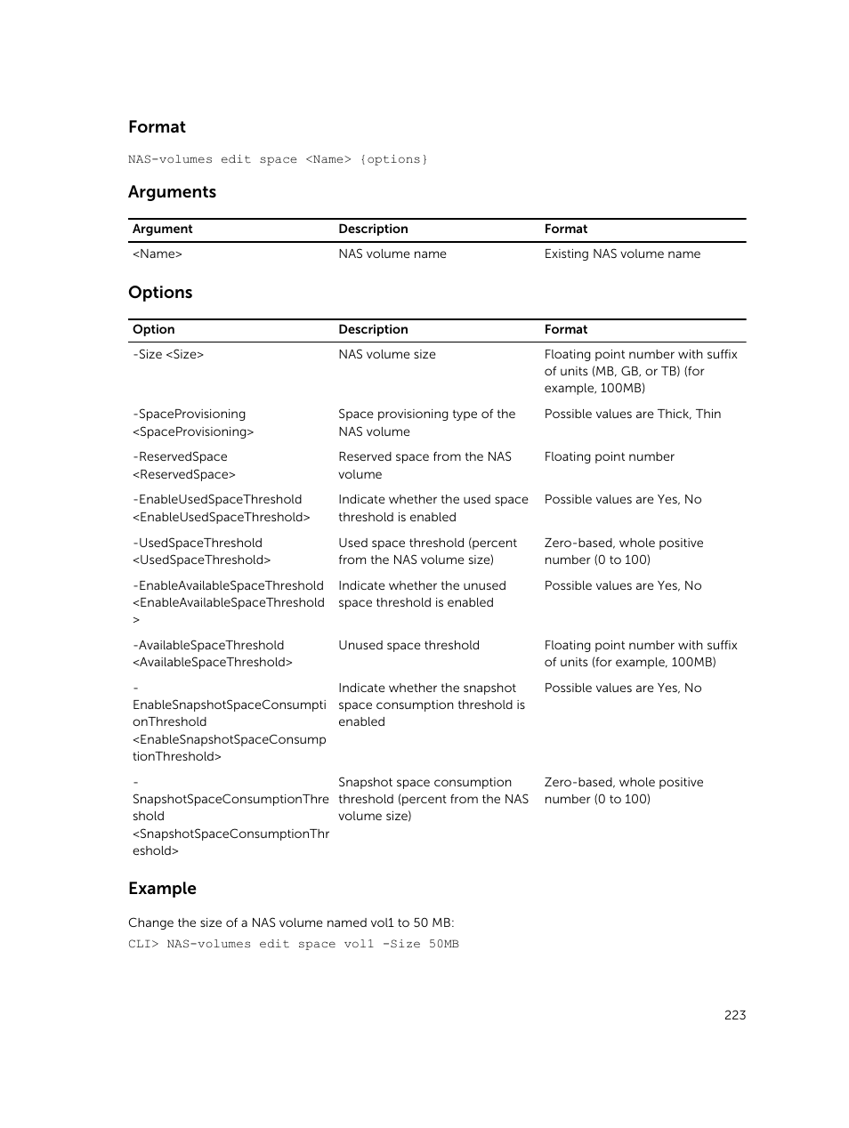 Format, Arguments, Options | Example | Dell PowerVault NX3600 User Manual | Page 223 / 245