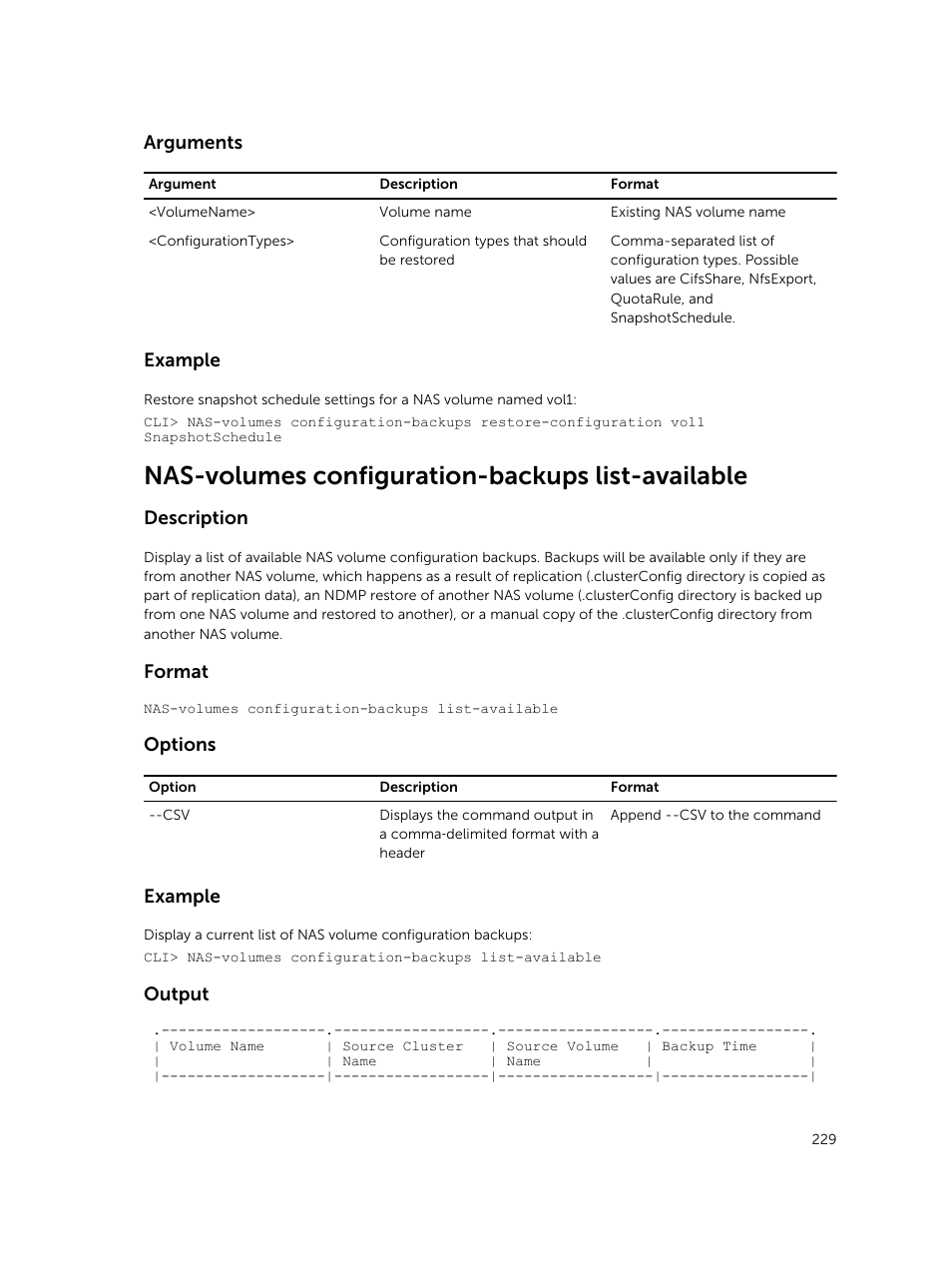Nas-volumes configuration-backups list-available, Arguments, Example | Description, Format, Options, Output | Dell PowerVault NX3600 User Manual | Page 229 / 245