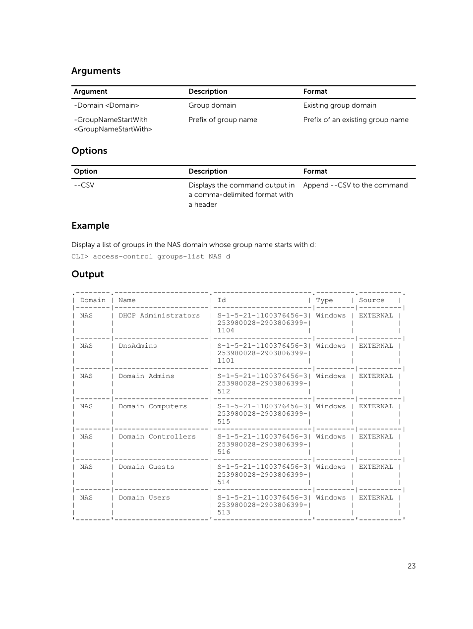 Arguments, Options, Example | Output | Dell PowerVault NX3600 User Manual | Page 23 / 245