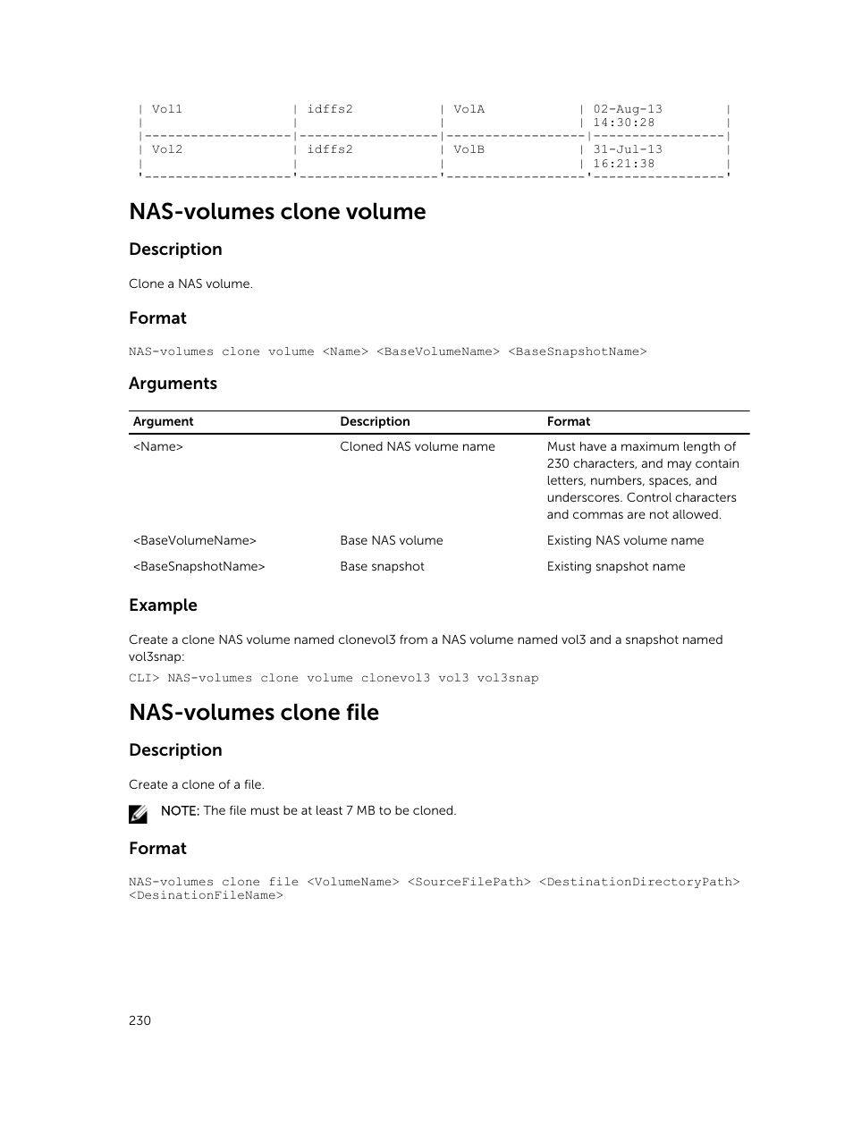 Nas-volumes clone volume, Nas-volumes clone file, Description | Format, Arguments, Example | Dell PowerVault NX3600 User Manual | Page 230 / 245