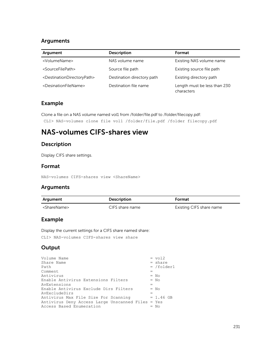 Nas-volumes cifs-shares view, Arguments, Example | Description, Format, Output | Dell PowerVault NX3600 User Manual | Page 231 / 245