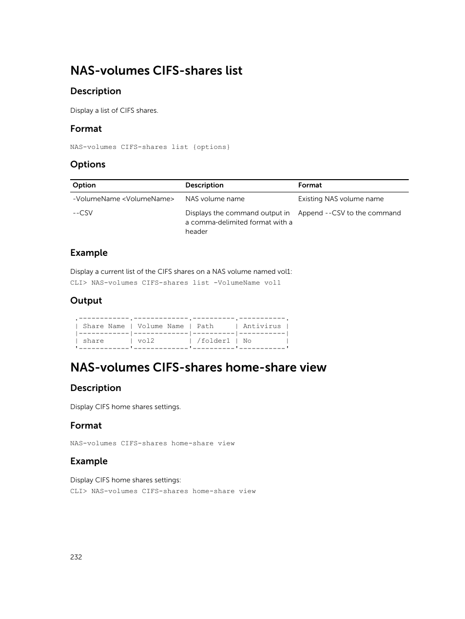 Nas-volumes cifs-shares list, Nas-volumes cifs-shares home-share view | Dell PowerVault NX3600 User Manual | Page 232 / 245