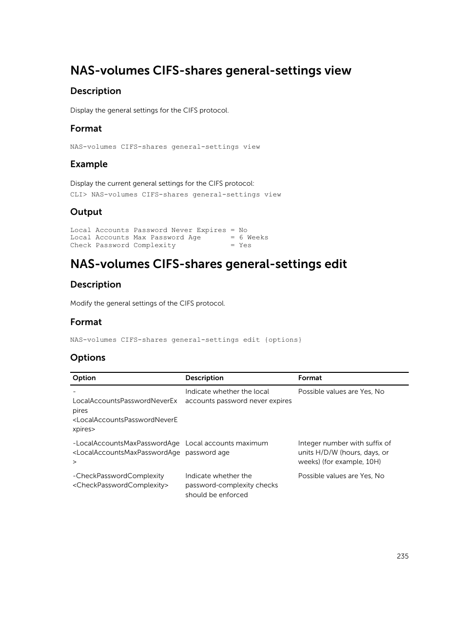Nas-volumes cifs-shares general-settings view, Nas-volumes cifs-shares general-settings edit | Dell PowerVault NX3600 User Manual | Page 235 / 245