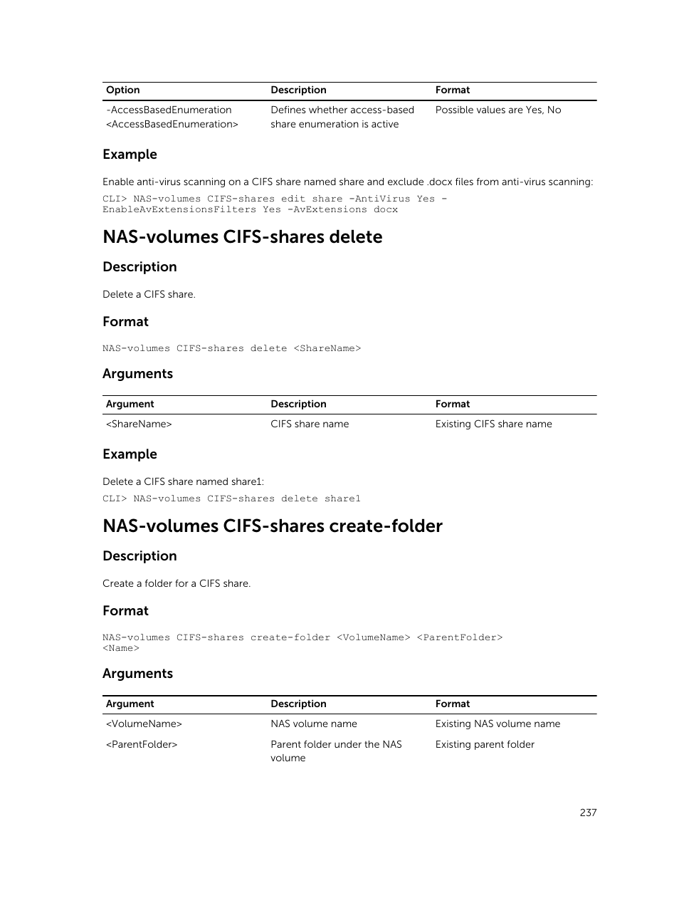 Nas-volumes cifs-shares delete, Nas-volumes cifs-shares create-folder | Dell PowerVault NX3600 User Manual | Page 237 / 245