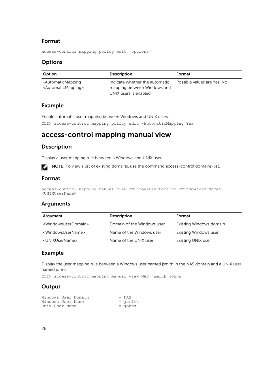 Access-control mapping manual view, Format, Options | Example, Description, Arguments, Output | Dell PowerVault NX3600 User Manual | Page 26 / 245