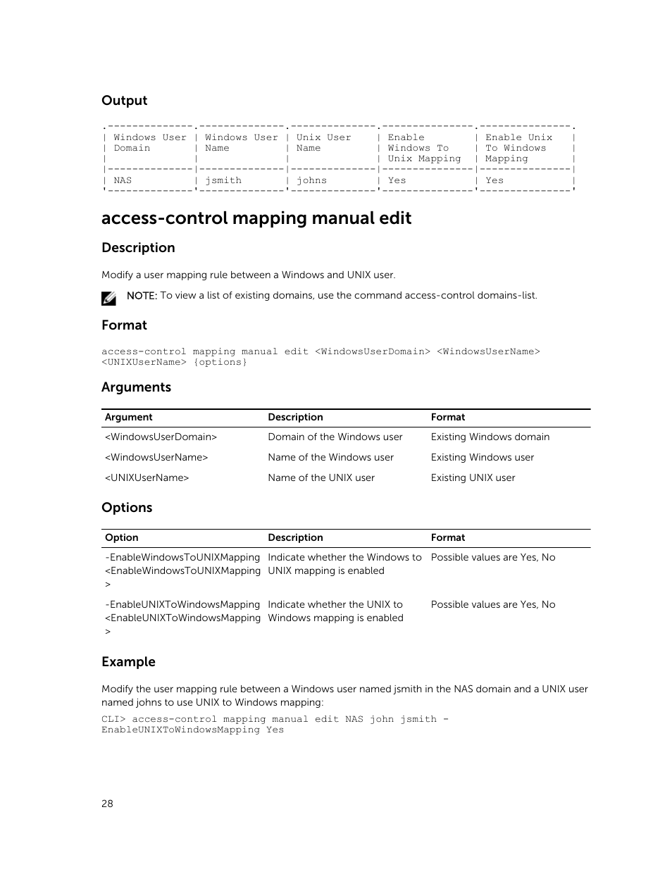 Access-control mapping manual edit, Output, Description | Format, Arguments, Options, Example | Dell PowerVault NX3600 User Manual | Page 28 / 245