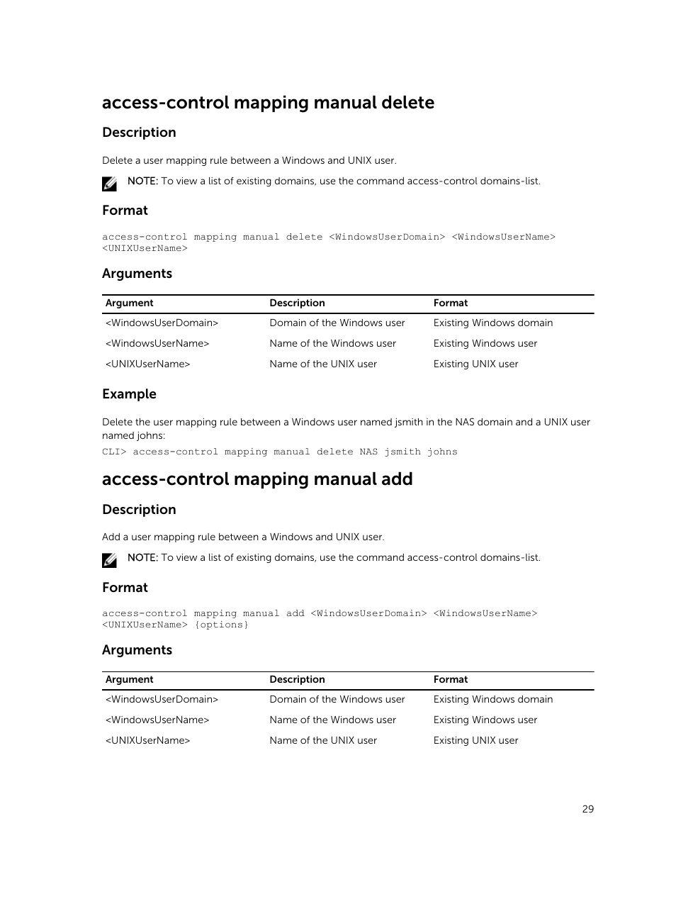 Access-control mapping manual delete, Access-control mapping manual add, Description | Format, Arguments, Example | Dell PowerVault NX3600 User Manual | Page 29 / 245