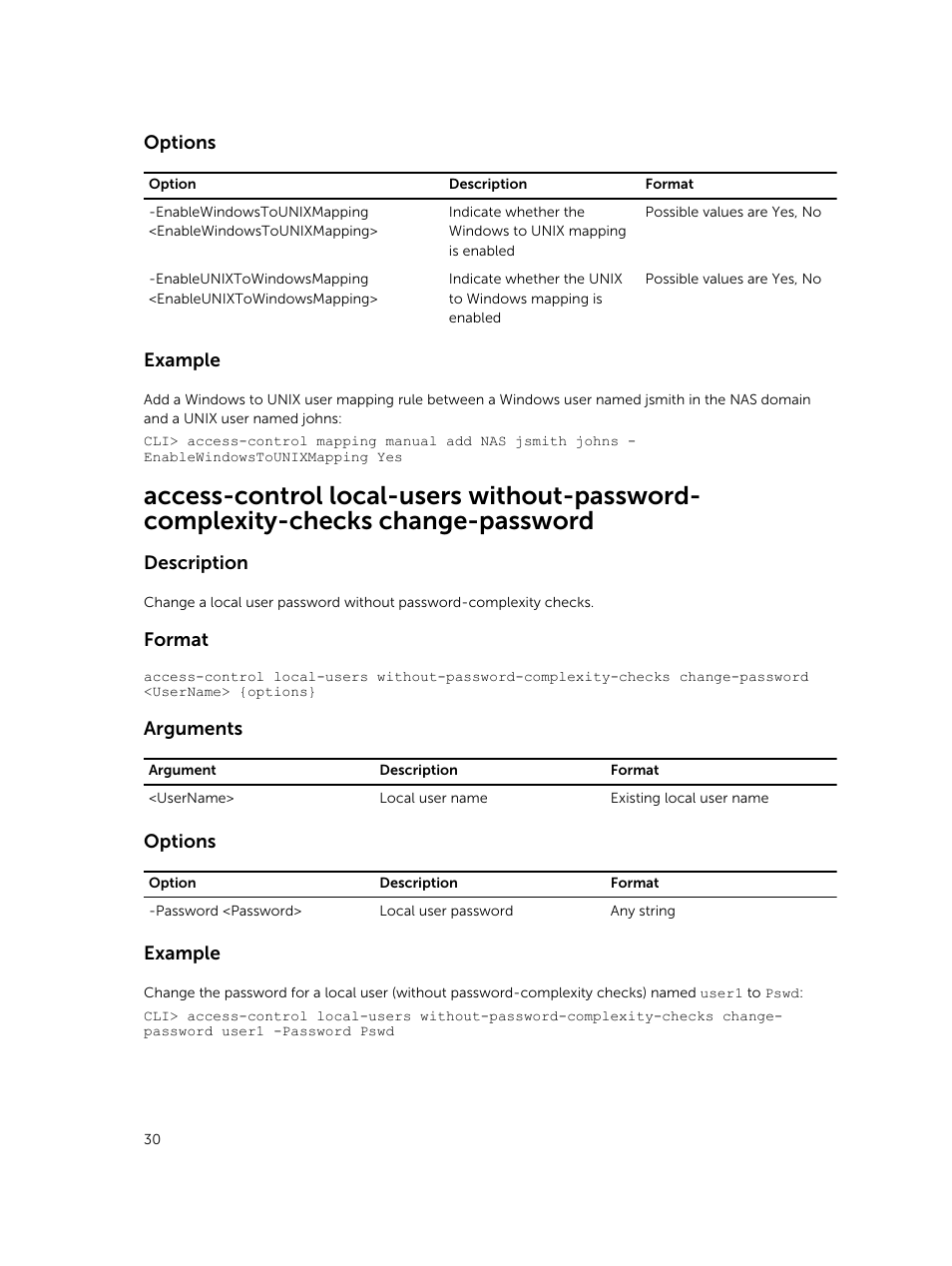 Options, Example, Description | Format, Arguments | Dell PowerVault NX3600 User Manual | Page 30 / 245
