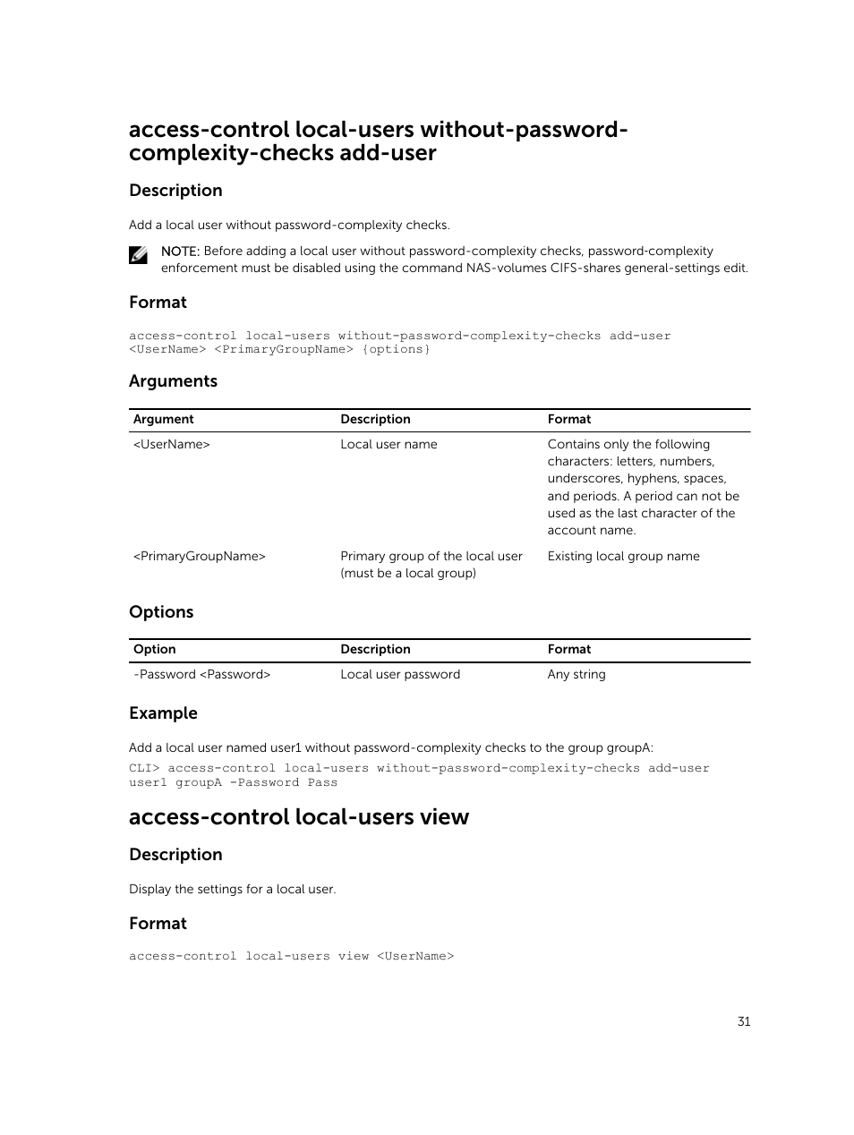 Access-control local-users view | Dell PowerVault NX3600 User Manual | Page 31 / 245