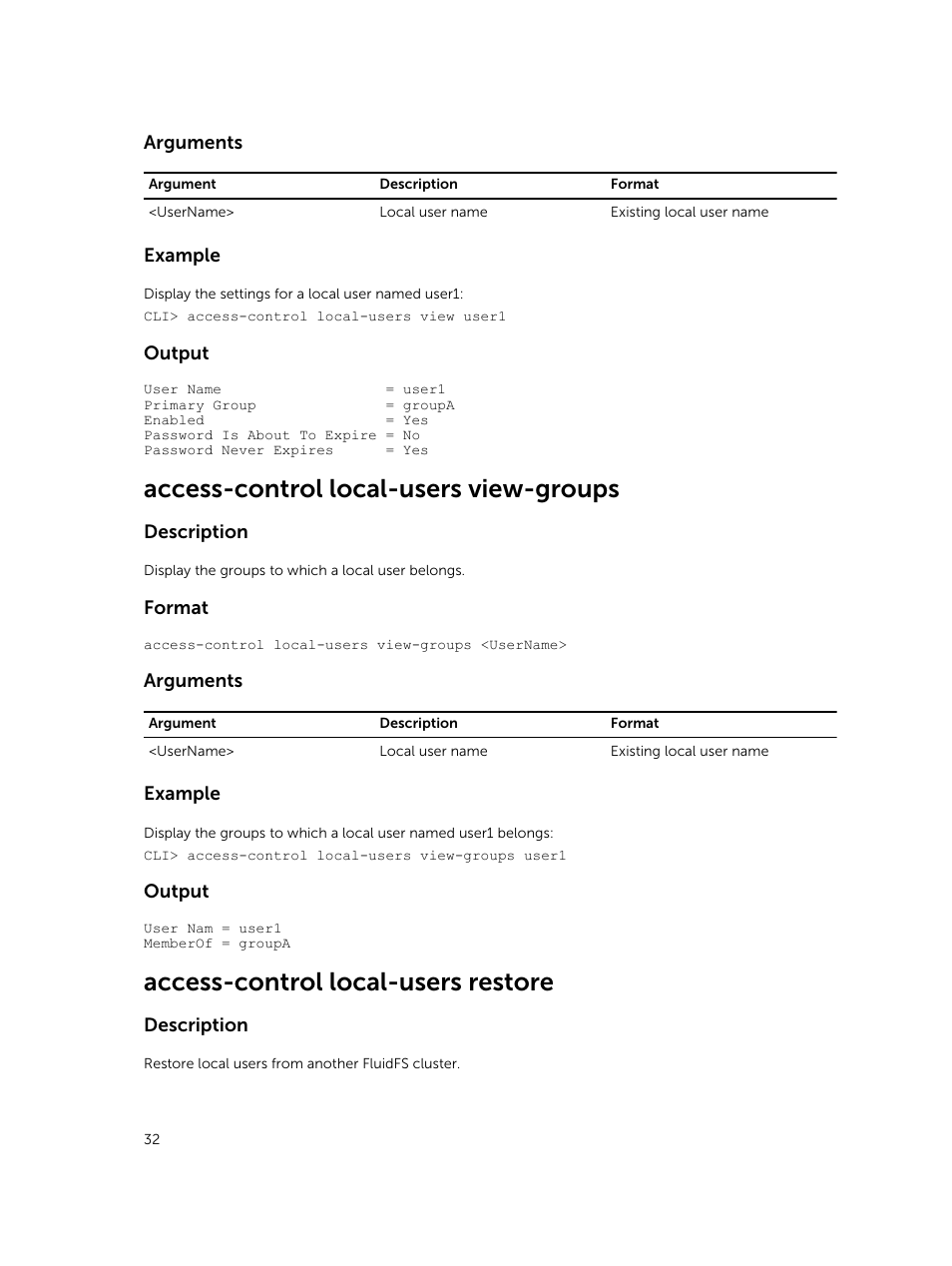 Access-control local-users view-groups, Access-control local-users restore | Dell PowerVault NX3600 User Manual | Page 32 / 245