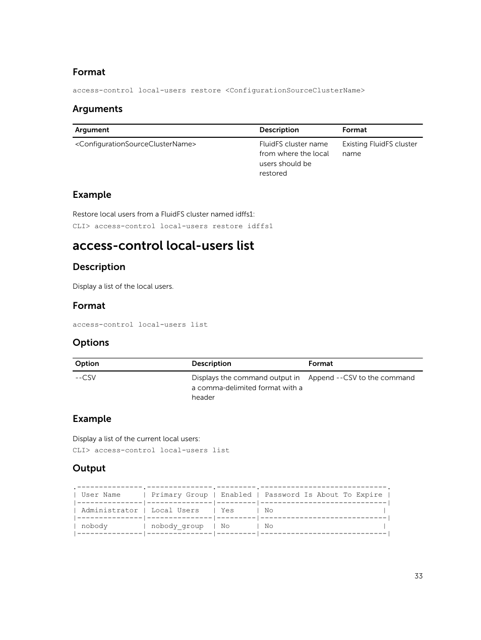 Access-control local-users list, Format, Arguments | Example, Description, Options, Output | Dell PowerVault NX3600 User Manual | Page 33 / 245