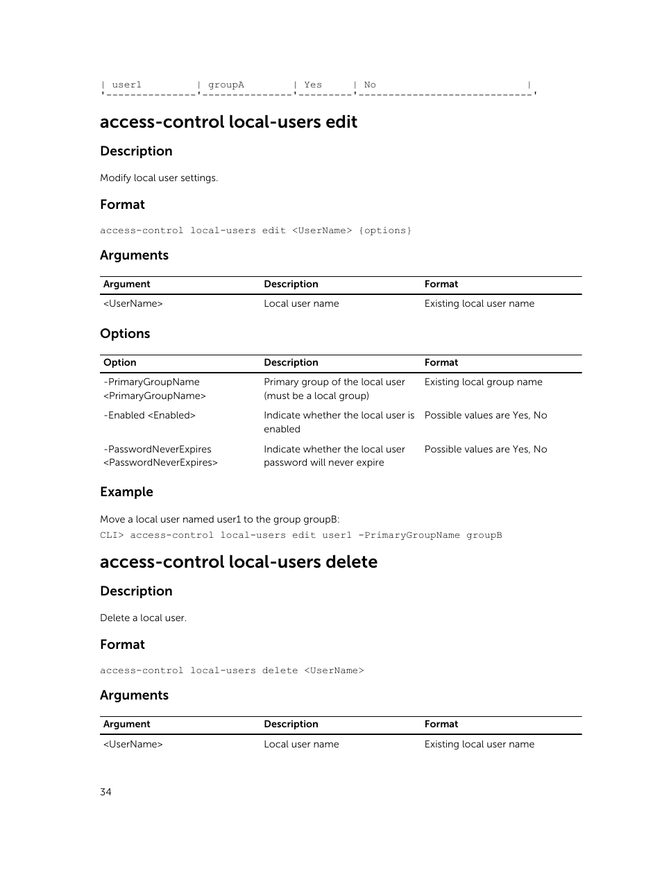 Access-control local-users edit, Access-control local-users delete, Description | Format, Arguments, Options, Example | Dell PowerVault NX3600 User Manual | Page 34 / 245