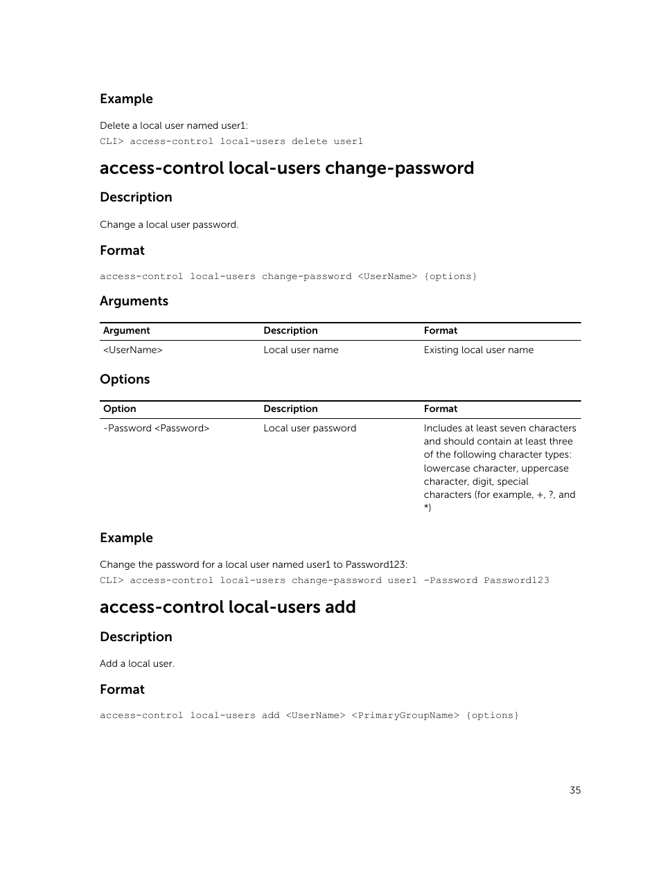 Access-control local-users change-password, Access-control local-users add | Dell PowerVault NX3600 User Manual | Page 35 / 245