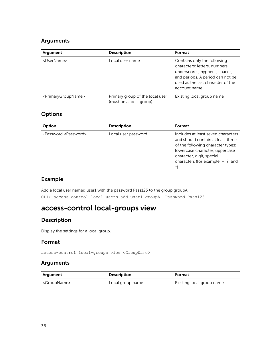 Access-control local-groups view, Arguments, Options | Example, Description, Format | Dell PowerVault NX3600 User Manual | Page 36 / 245