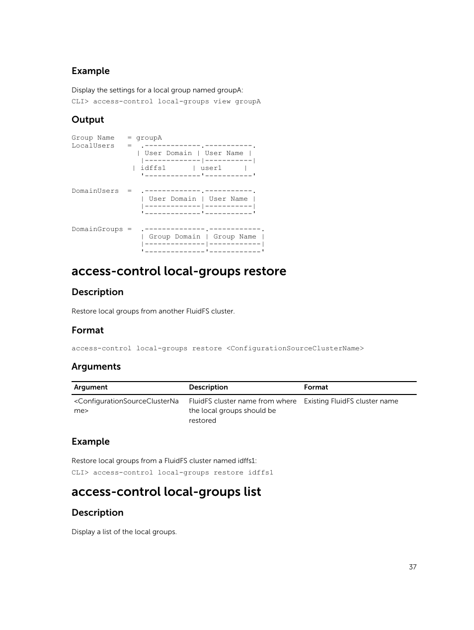 Access-control local-groups restore, Access-control local-groups list | Dell PowerVault NX3600 User Manual | Page 37 / 245