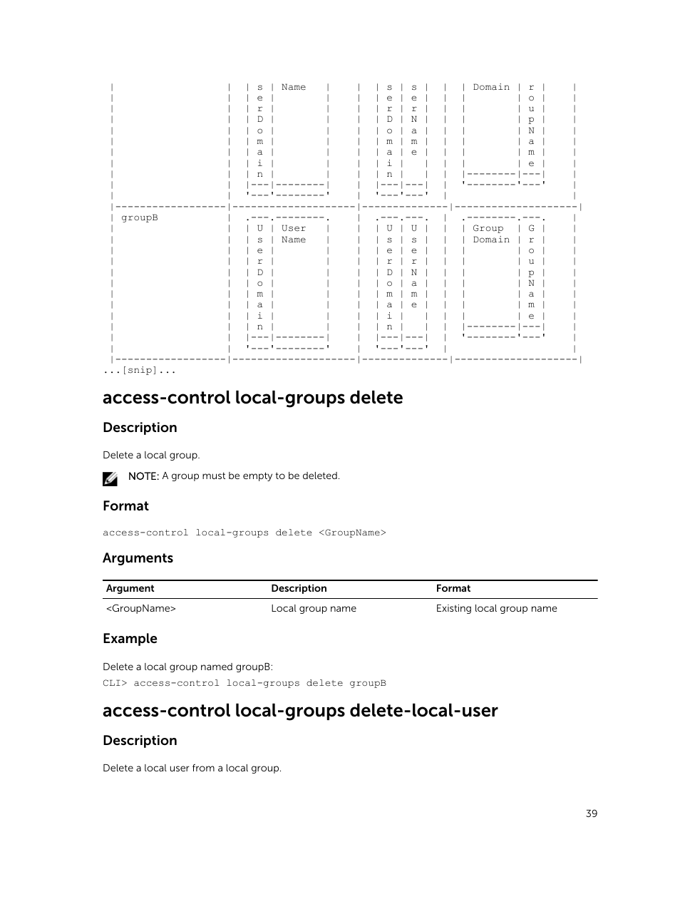 Access-control local-groups delete, Access-control local-groups delete-local-user, Description | Format, Arguments, Example | Dell PowerVault NX3600 User Manual | Page 39 / 245