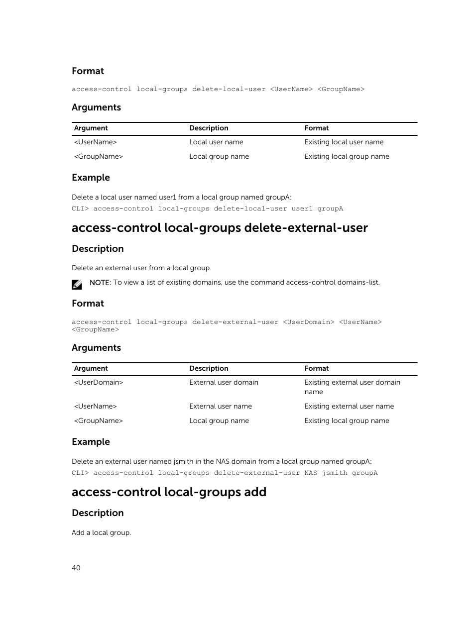 Access-control local-groups delete-external-user, Access-control local-groups add | Dell PowerVault NX3600 User Manual | Page 40 / 245