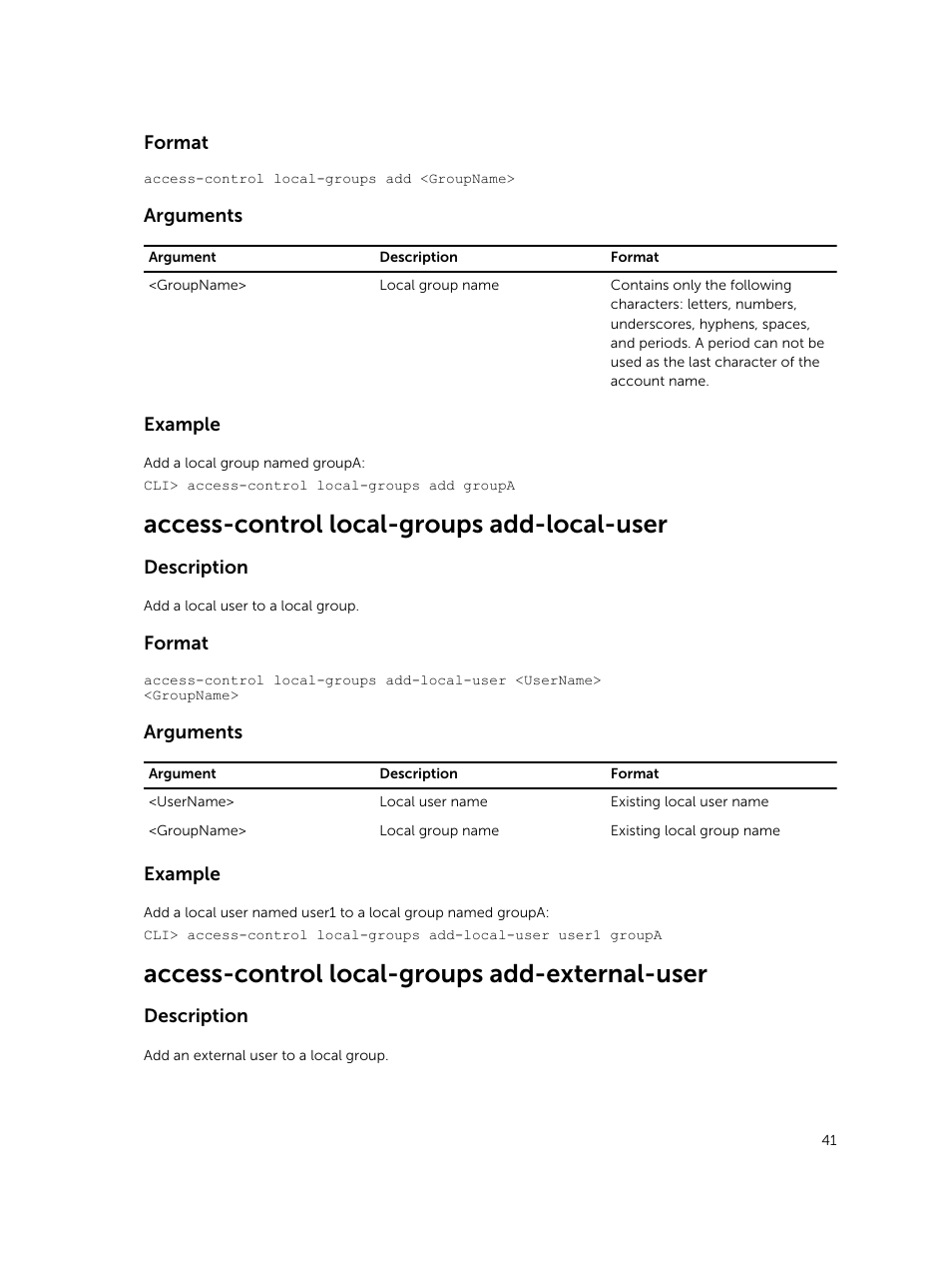 Access-control local-groups add-local-user, Access-control local-groups add-external-user | Dell PowerVault NX3600 User Manual | Page 41 / 245