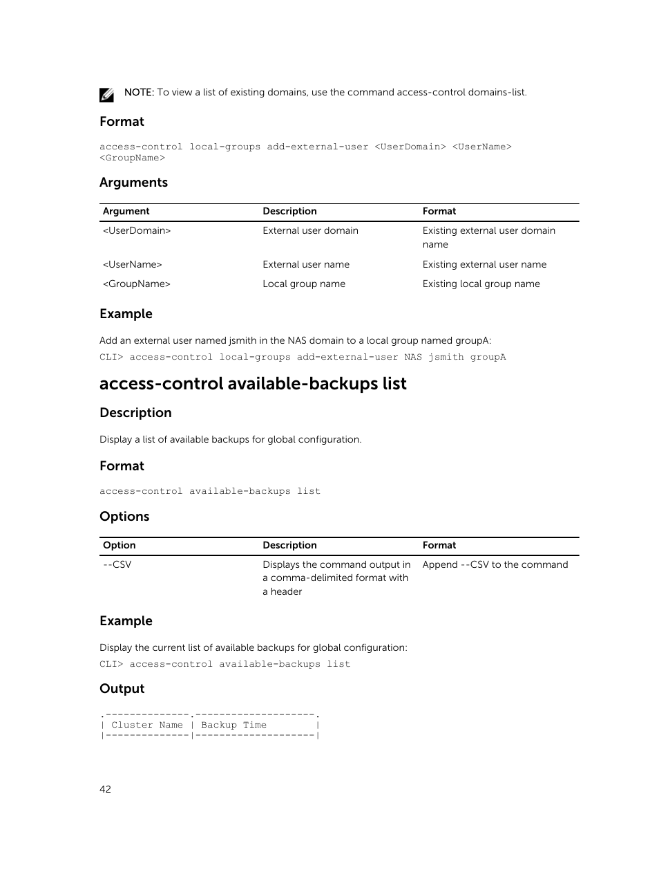 Access-control available-backups list, Format, Arguments | Example, Description, Options, Output | Dell PowerVault NX3600 User Manual | Page 42 / 245