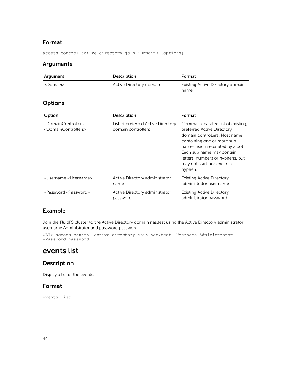Events list, Format, Arguments | Options, Example, Description | Dell PowerVault NX3600 User Manual | Page 44 / 245