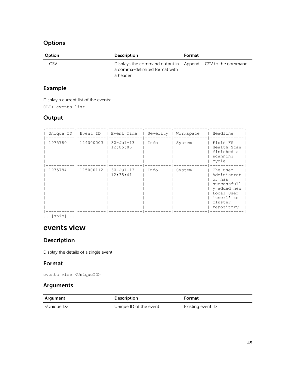 Events view, Options, Example | Output, Description, Format, Arguments | Dell PowerVault NX3600 User Manual | Page 45 / 245