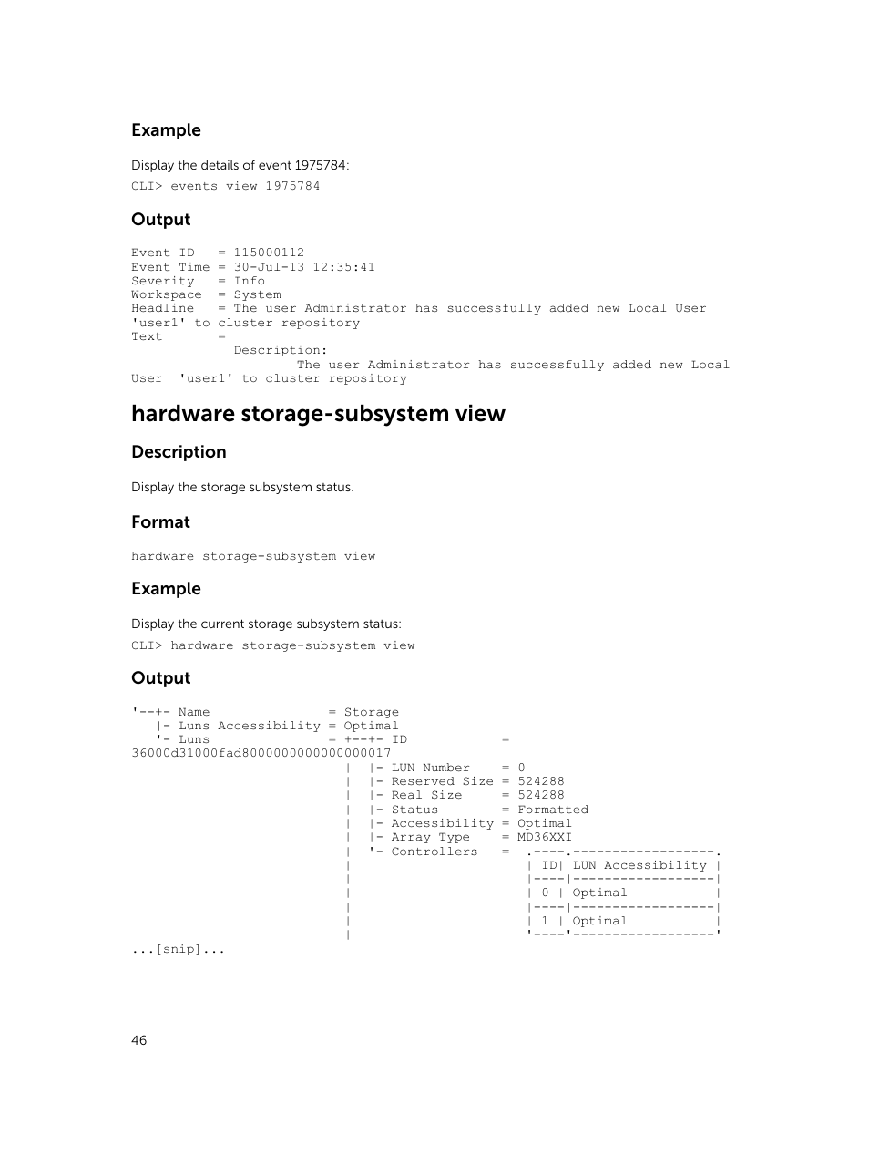 Hardware storage-subsystem view, Example, Output | Description, Format | Dell PowerVault NX3600 User Manual | Page 46 / 245