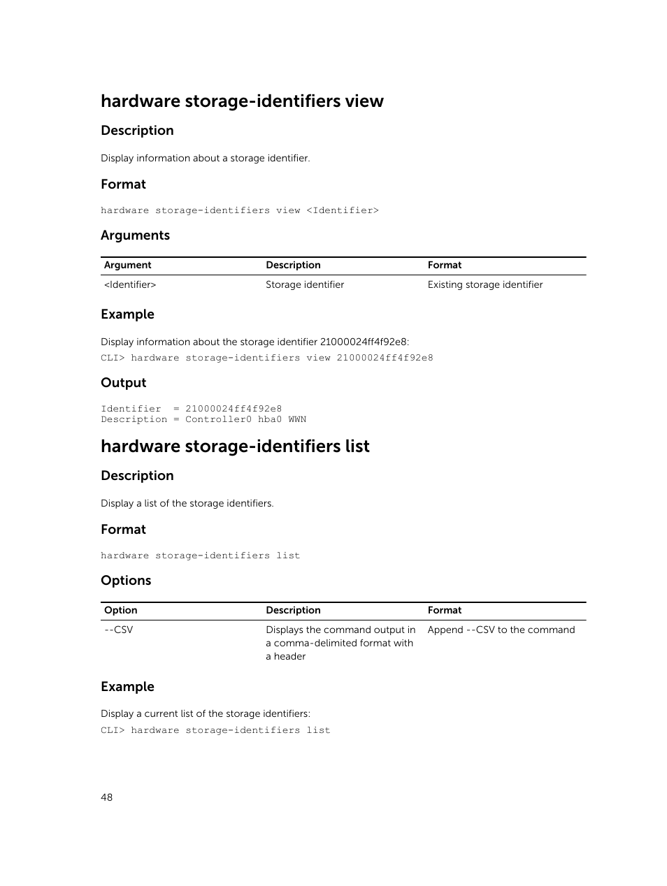 Hardware storage-identifiers view, Hardware storage-identifiers list | Dell PowerVault NX3600 User Manual | Page 48 / 245