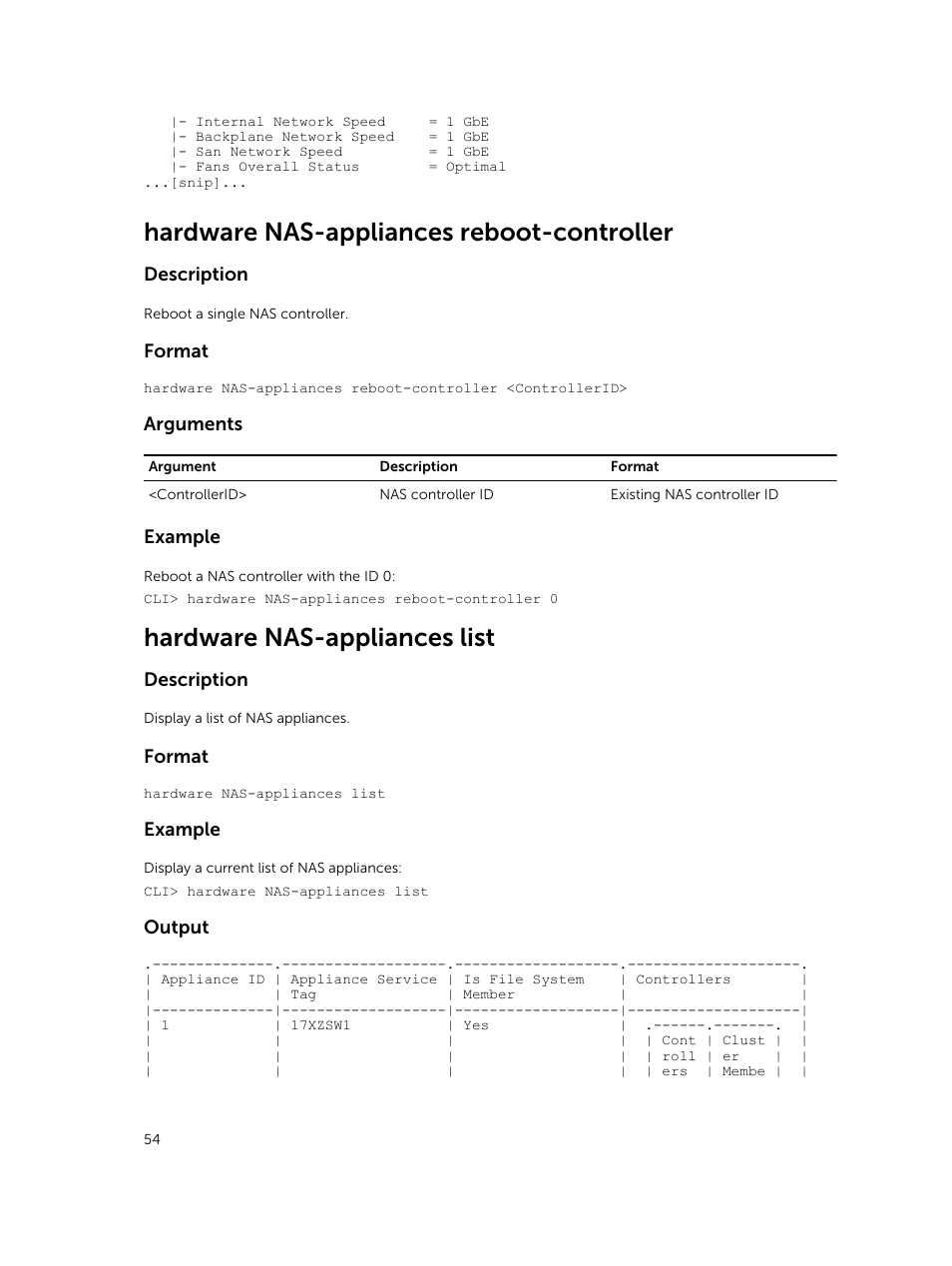 Hardware nas-appliances reboot-controller, Hardware nas-appliances list | Dell PowerVault NX3600 User Manual | Page 54 / 245