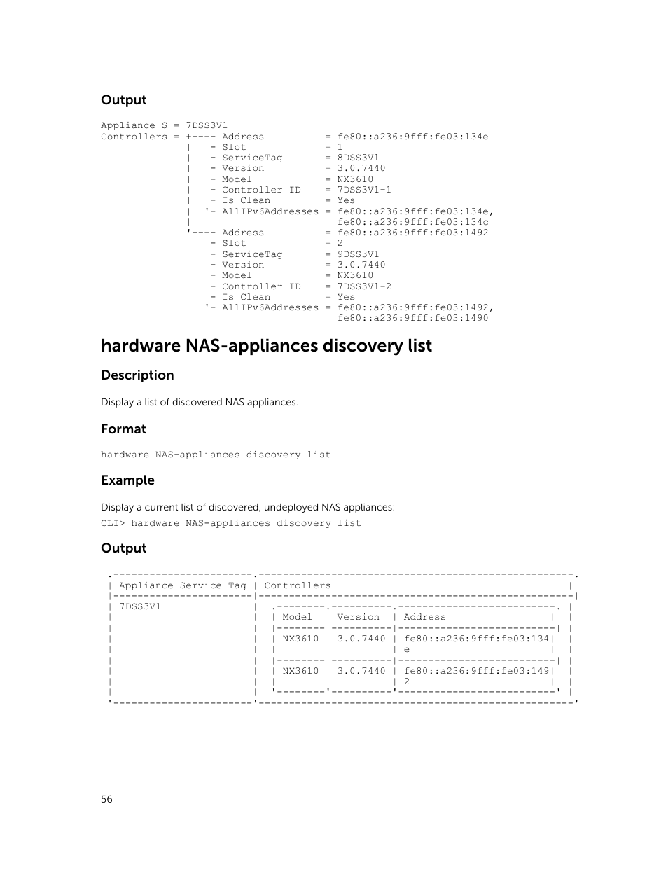 Hardware nas-appliances discovery list, Output, Description | Format, Example | Dell PowerVault NX3600 User Manual | Page 56 / 245