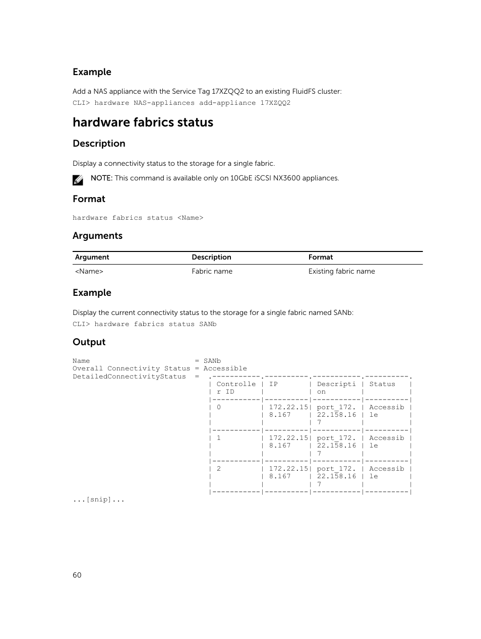Hardware fabrics status, Example, Description | Format, Arguments, Output | Dell PowerVault NX3600 User Manual | Page 60 / 245