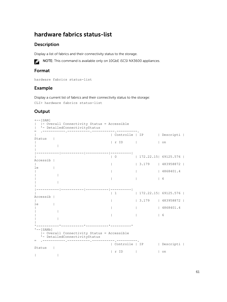 Hardware fabrics status-list, Description, Format | Example, Output | Dell PowerVault NX3600 User Manual | Page 61 / 245