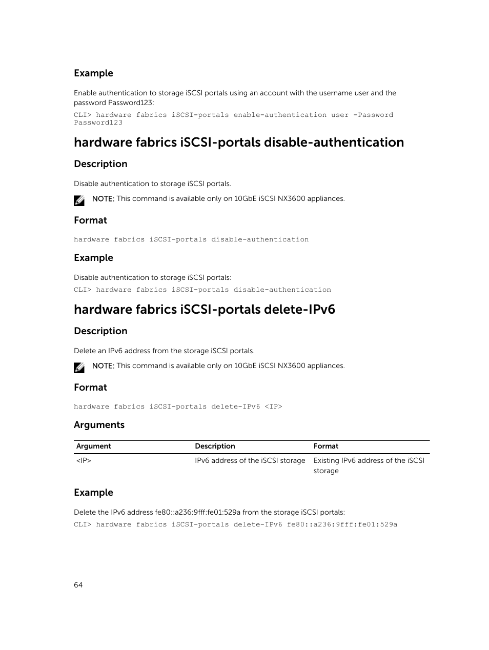 Hardware fabrics iscsi-portals delete-ipv6 | Dell PowerVault NX3600 User Manual | Page 64 / 245