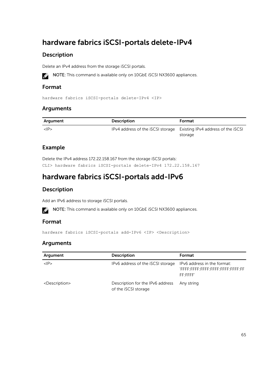 Hardware fabrics iscsi-portals delete-ipv4, Hardware fabrics iscsi-portals add-ipv6 | Dell PowerVault NX3600 User Manual | Page 65 / 245
