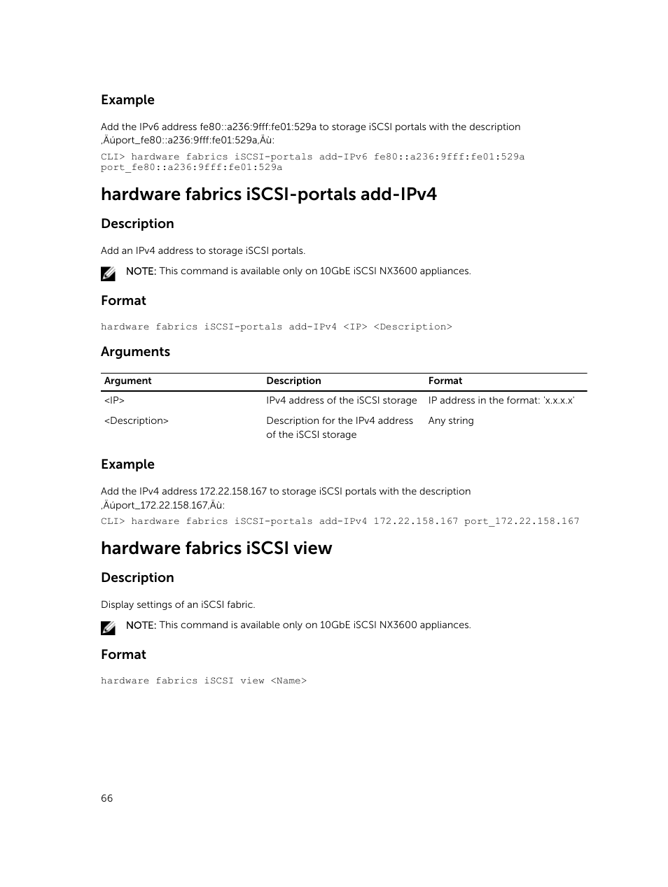 Hardware fabrics iscsi-portals add-ipv4, Hardware fabrics iscsi view | Dell PowerVault NX3600 User Manual | Page 66 / 245