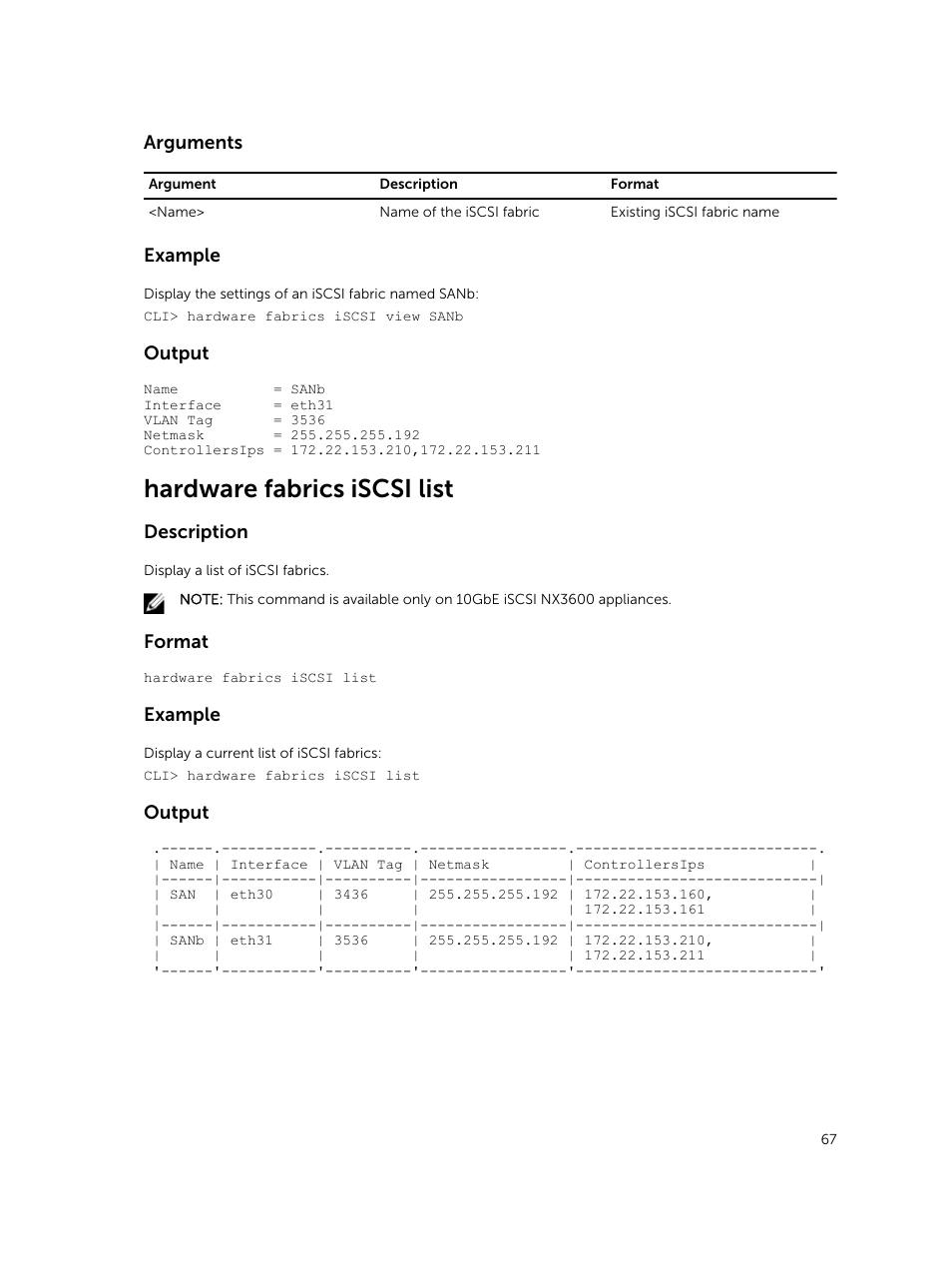 Hardware fabrics iscsi list, Arguments, Example | Output, Description, Format | Dell PowerVault NX3600 User Manual | Page 67 / 245