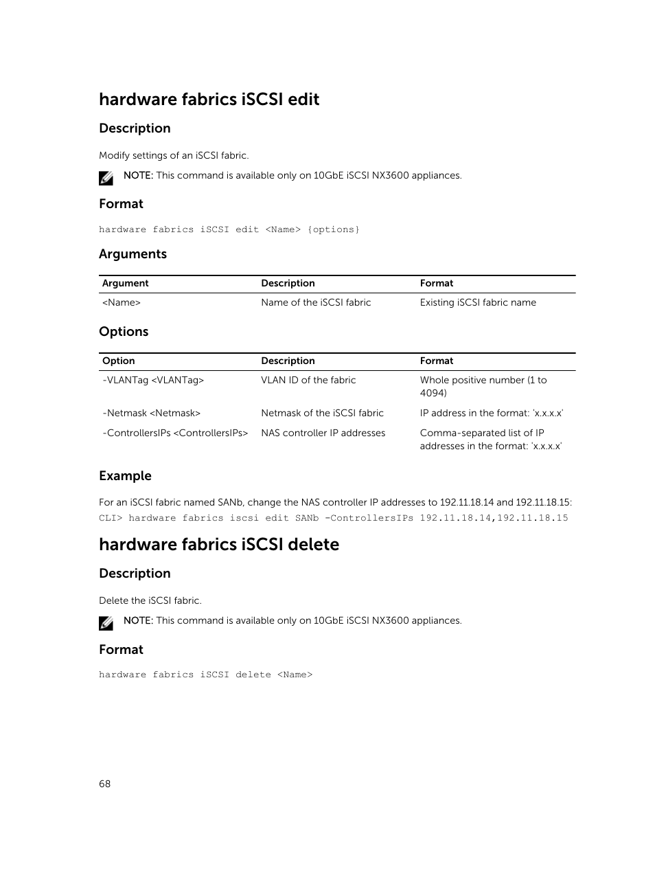 Hardware fabrics iscsi edit, Hardware fabrics iscsi delete | Dell PowerVault NX3600 User Manual | Page 68 / 245