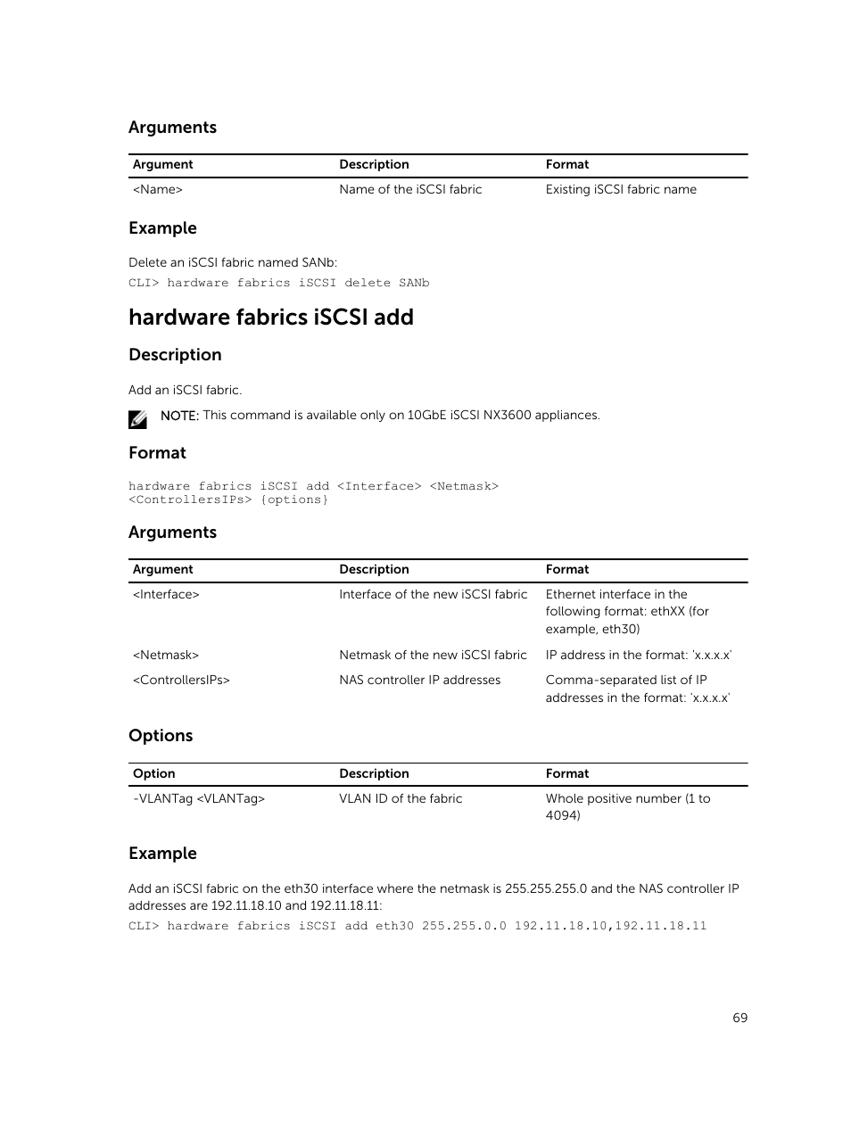Hardware fabrics iscsi add, Arguments, Example | Description, Format, Options | Dell PowerVault NX3600 User Manual | Page 69 / 245