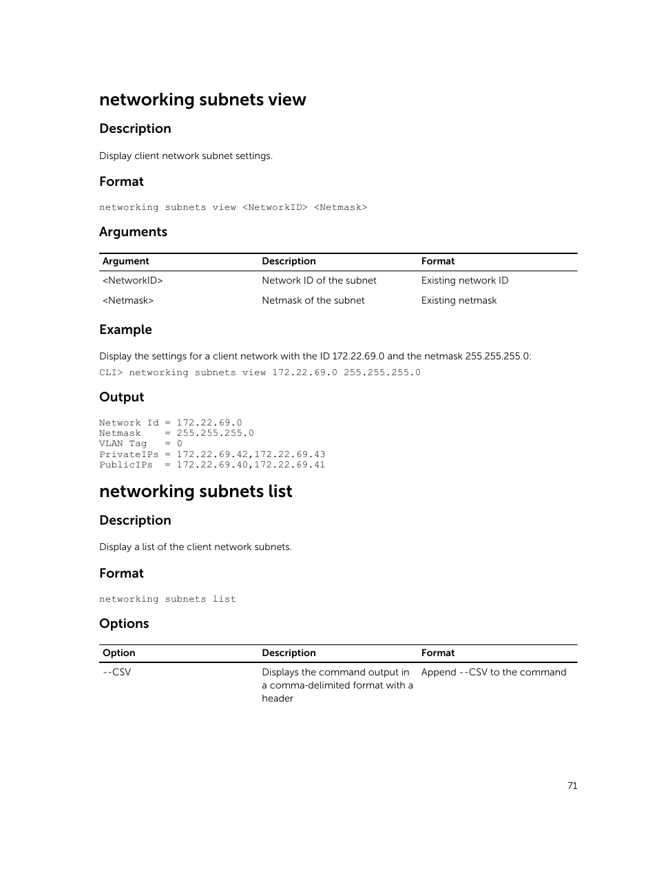 Networking subnets view, Networking subnets list | Dell PowerVault NX3600 User Manual | Page 71 / 245