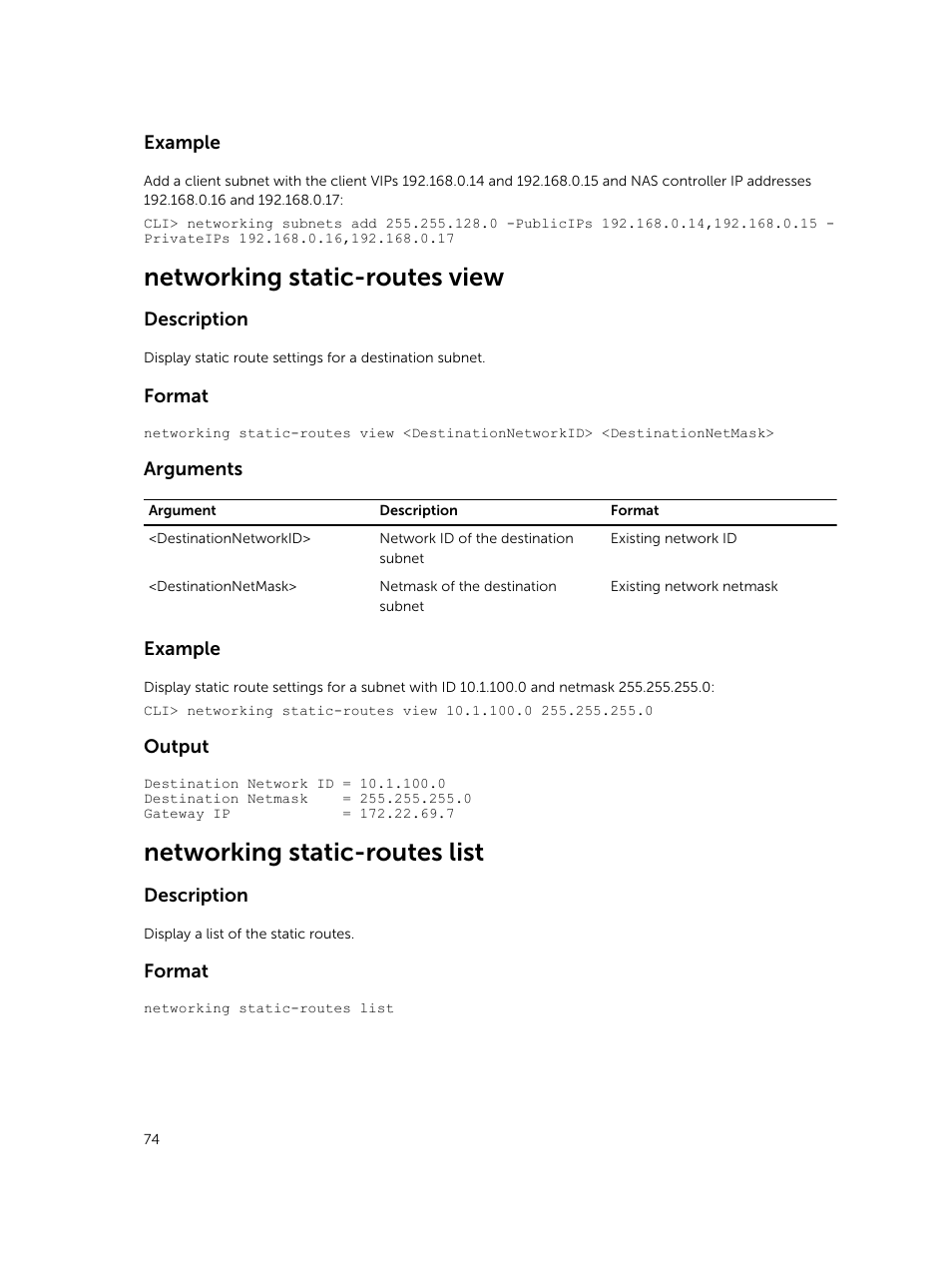 Networking static-routes view, Networking static-routes list | Dell PowerVault NX3600 User Manual | Page 74 / 245