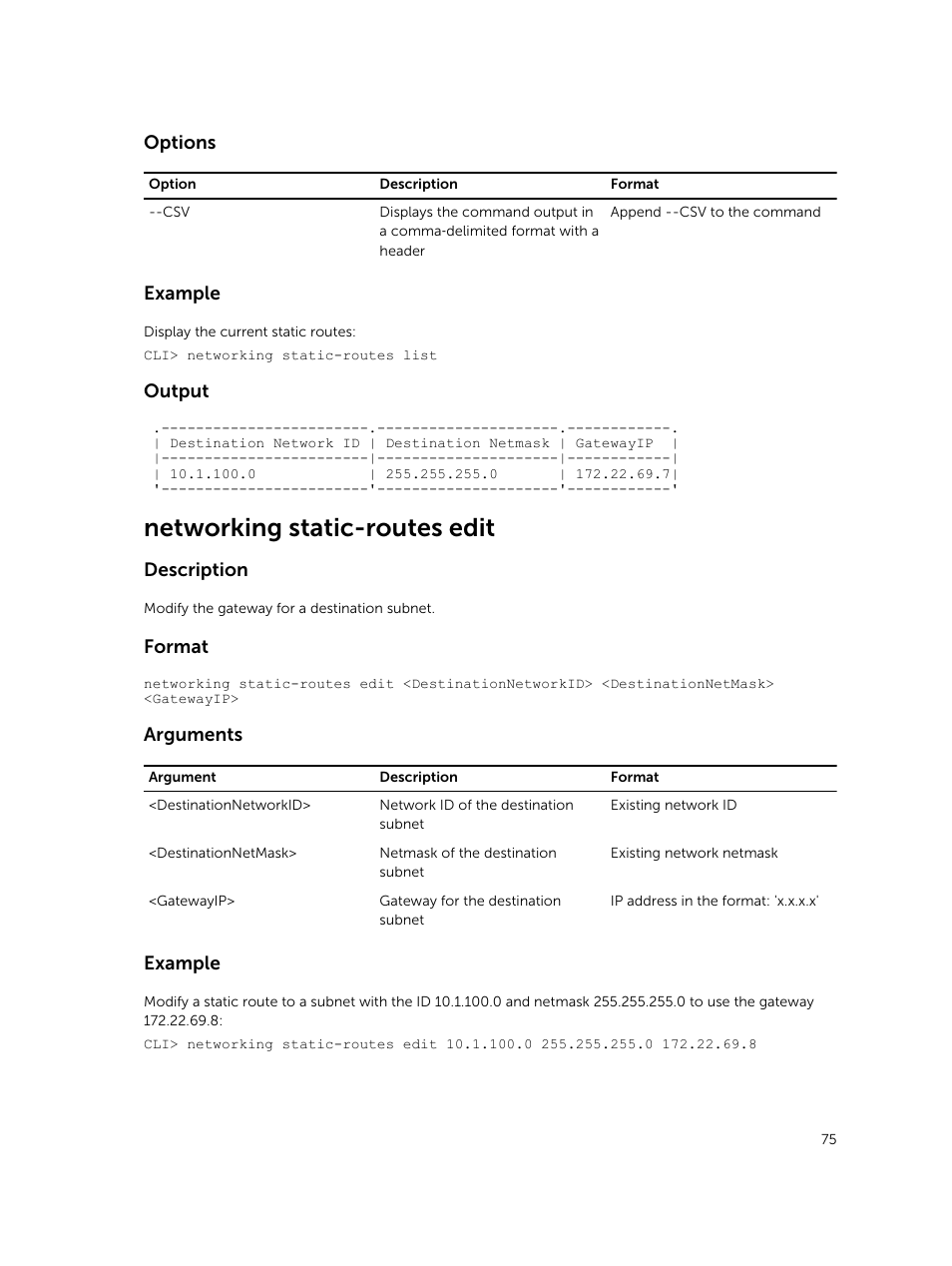 Networking static-routes edit, Options, Example | Output, Description, Format, Arguments | Dell PowerVault NX3600 User Manual | Page 75 / 245