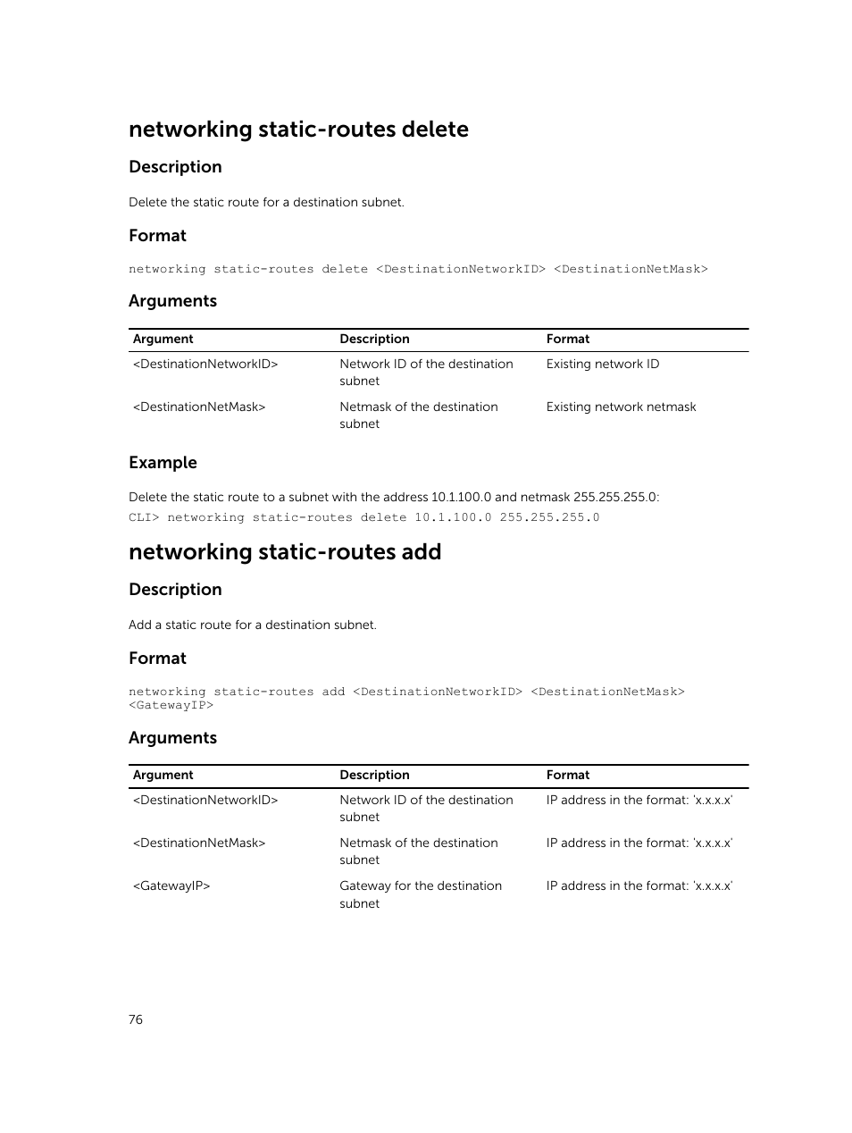 Networking static-routes delete, Networking static-routes add, Description | Format, Arguments, Example | Dell PowerVault NX3600 User Manual | Page 76 / 245